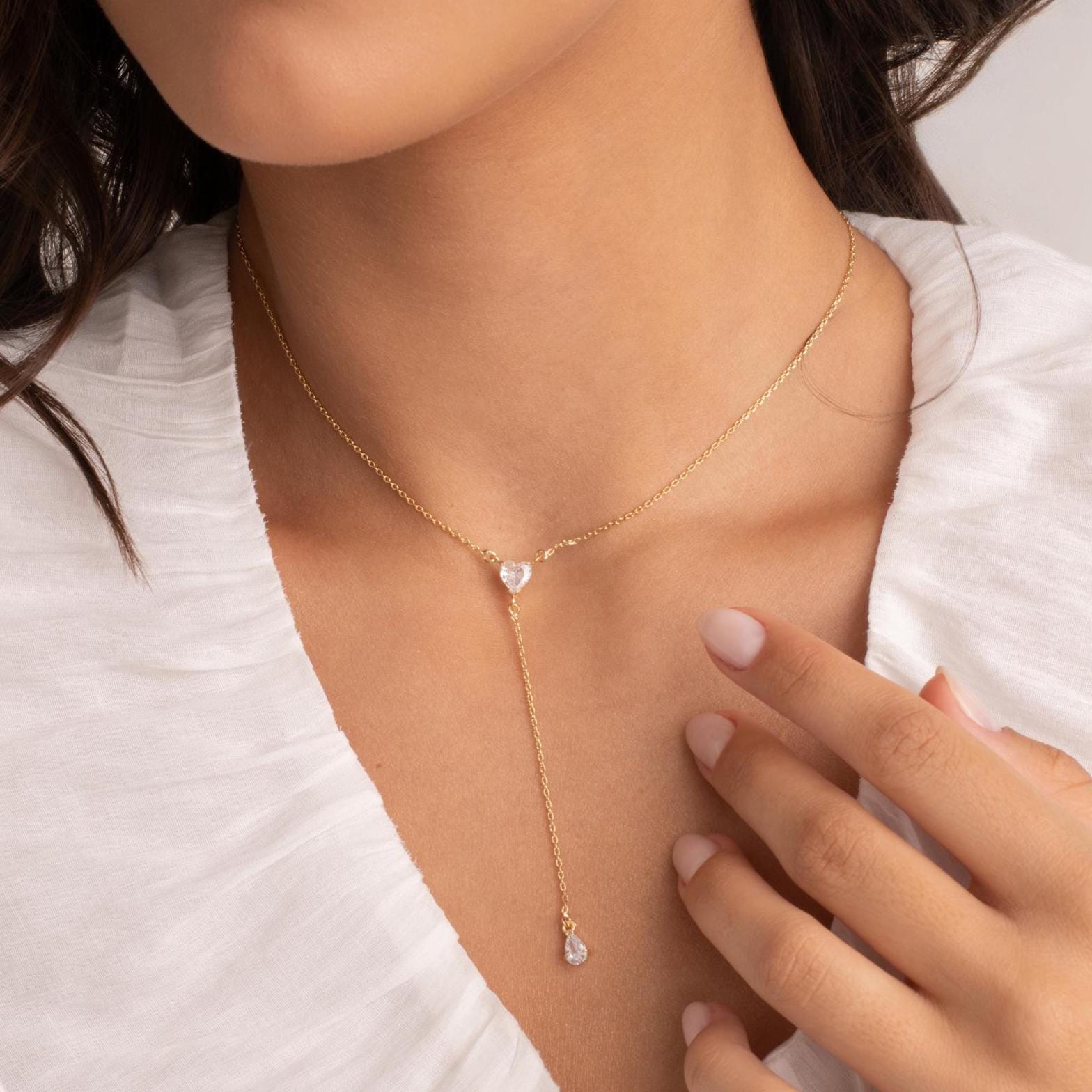 Crystal Heart Lariat Necklace